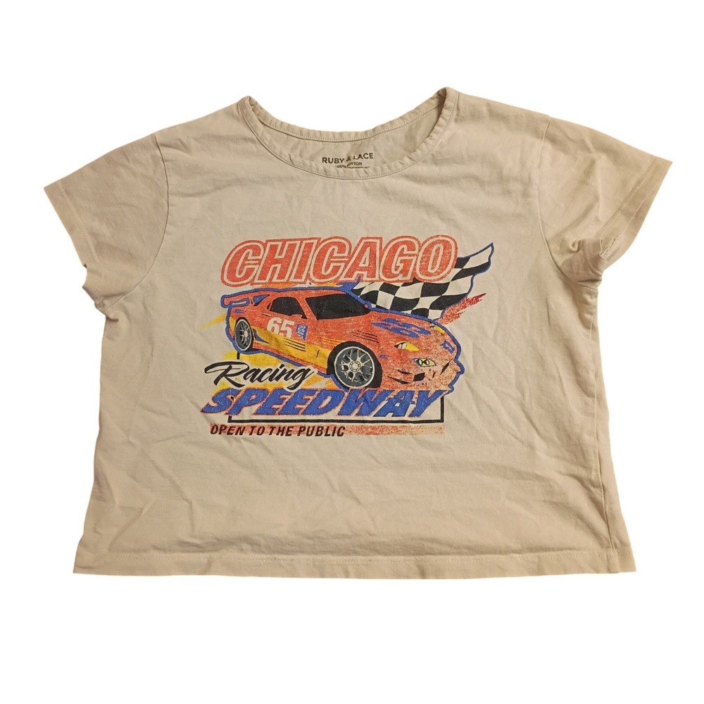 Ruby & Lace Graphic Tee Womens Large Tan Chicago Racing Speedway Motocore Retro